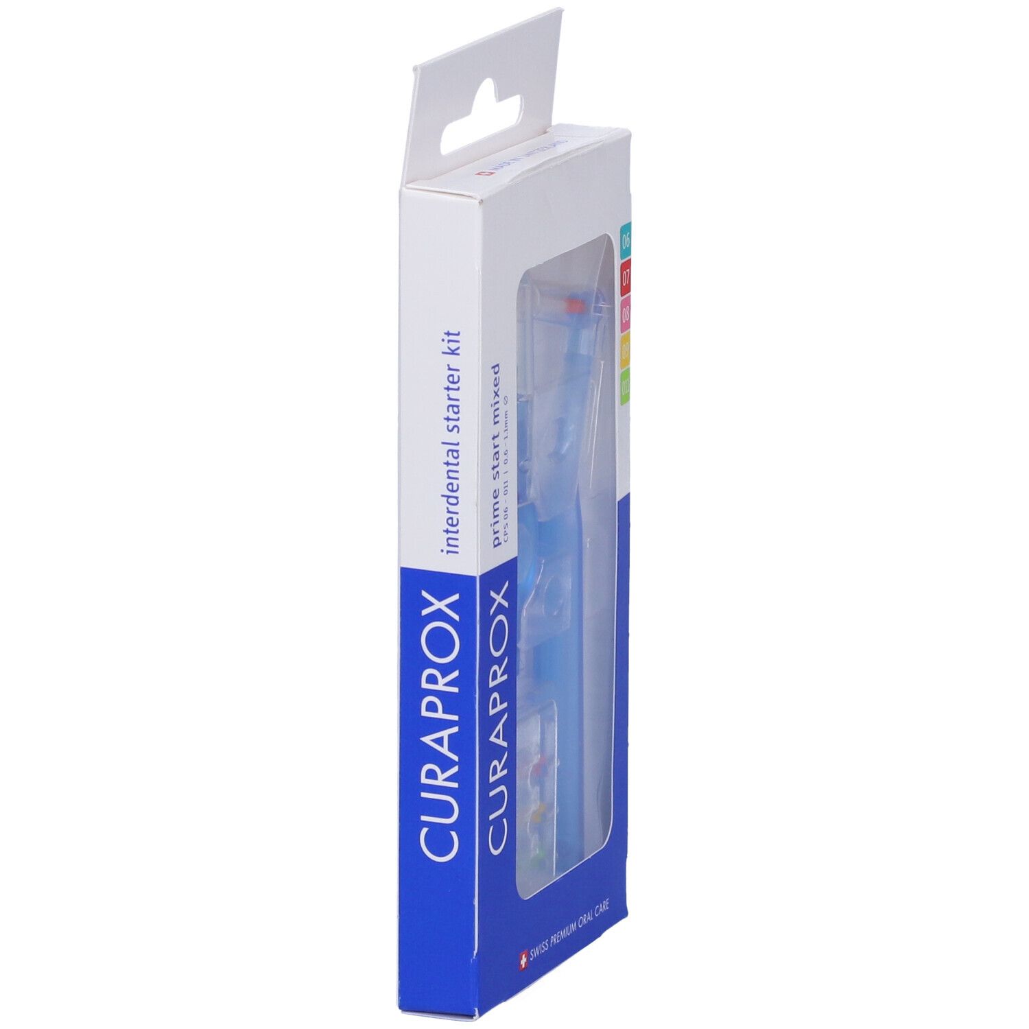 Kit di pulizia interdentale in confezione. Include supporti blu, spazzole colorate e cappucci. Marchio: Curaprox.