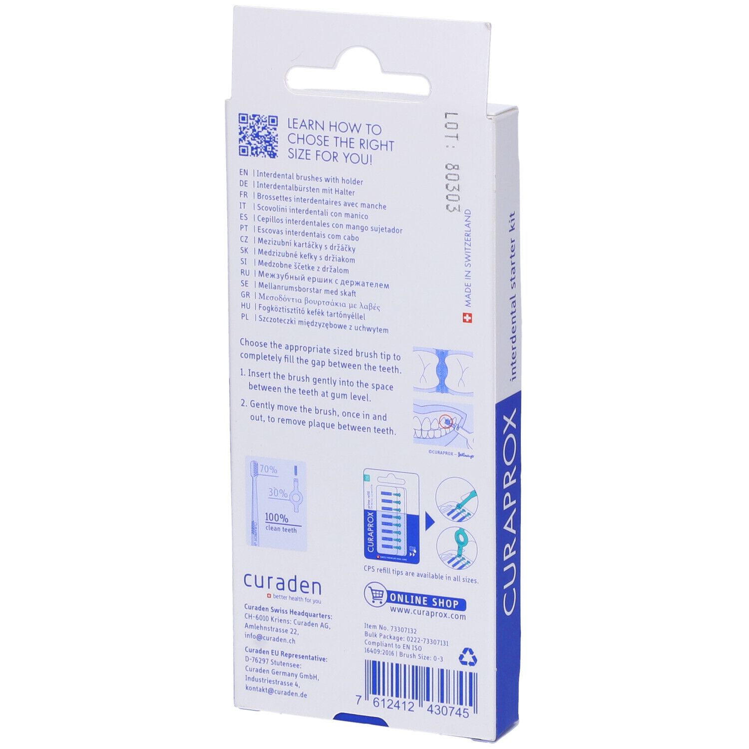 Confezione di un kit di pulizia interdentale. Include supporti blu, spazzole colorate e cappucci. Marchio: Curaprox.