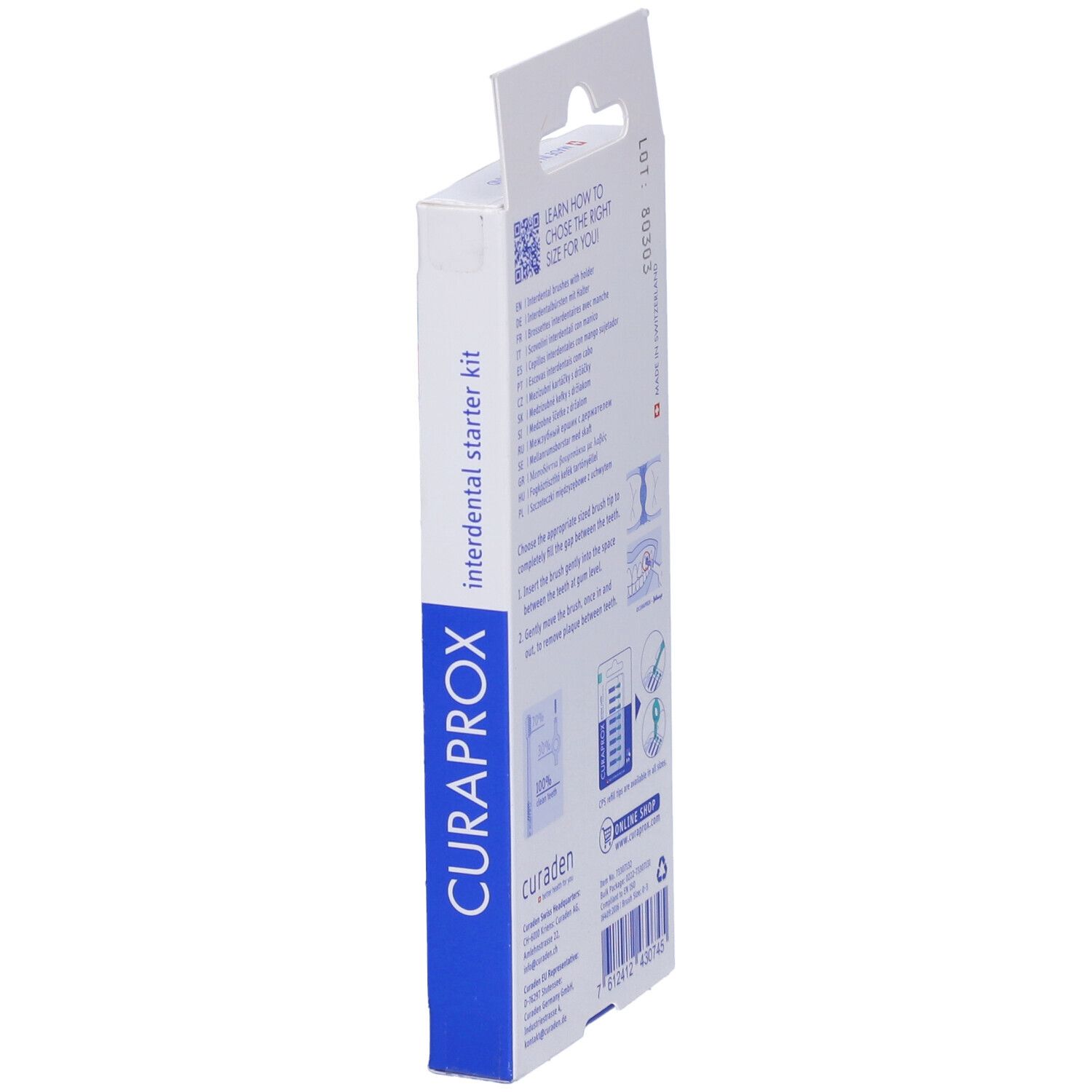 Confezione di un kit di pulizia interdentale. Include supporti blu, spazzole colorate e cappucci. Marchio: Curaprox.