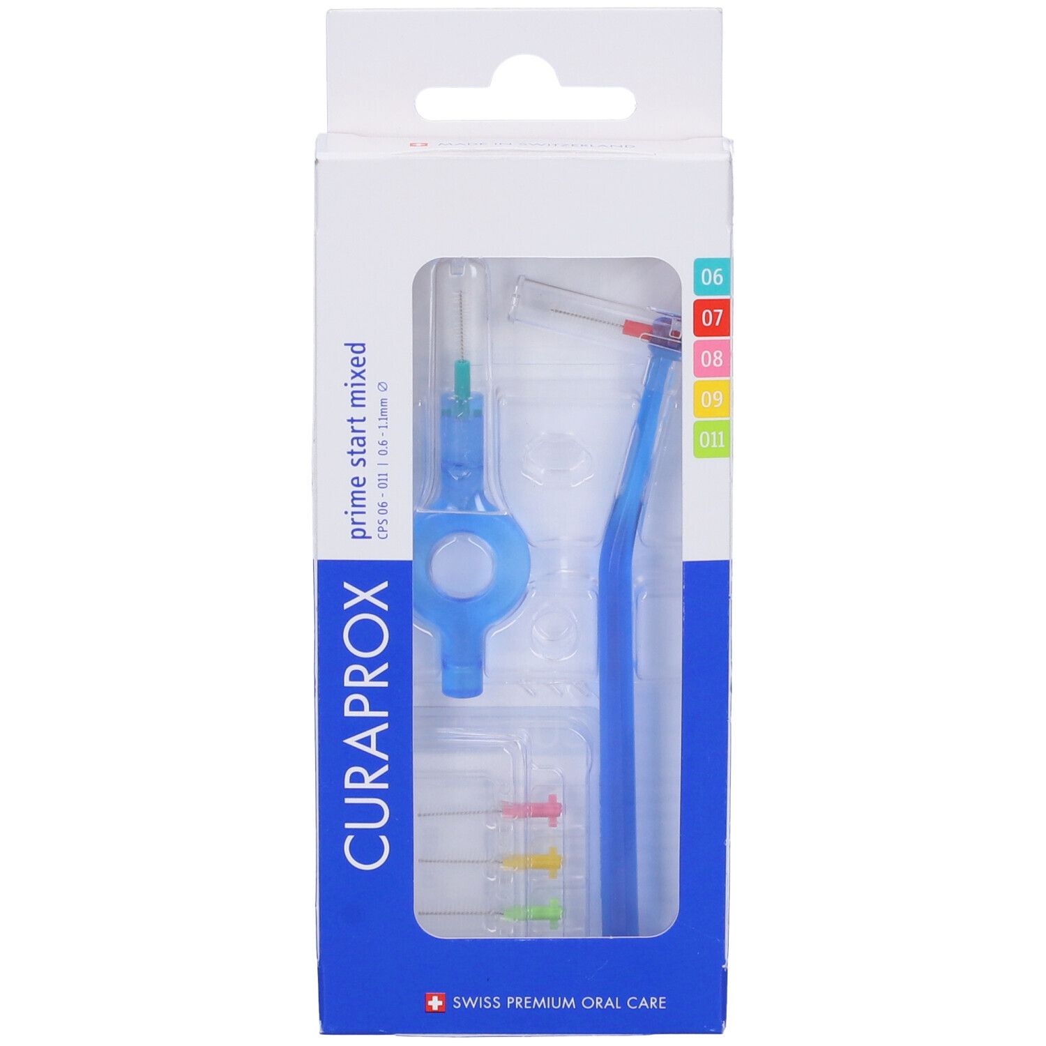 Kit di pulizia interdentale in confezione. Include supporti blu, spazzole colorate e cappucci. Marchio: Curaprox.