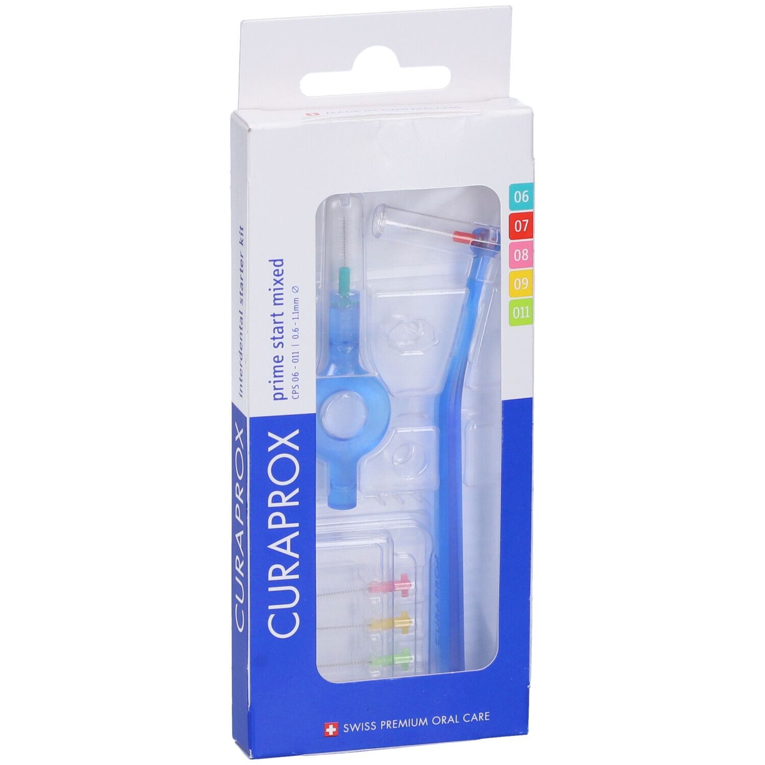 Kit di pulizia interdentale in confezione. Include supporti blu, spazzole colorate e cappucci. Marchio: Curaprox.