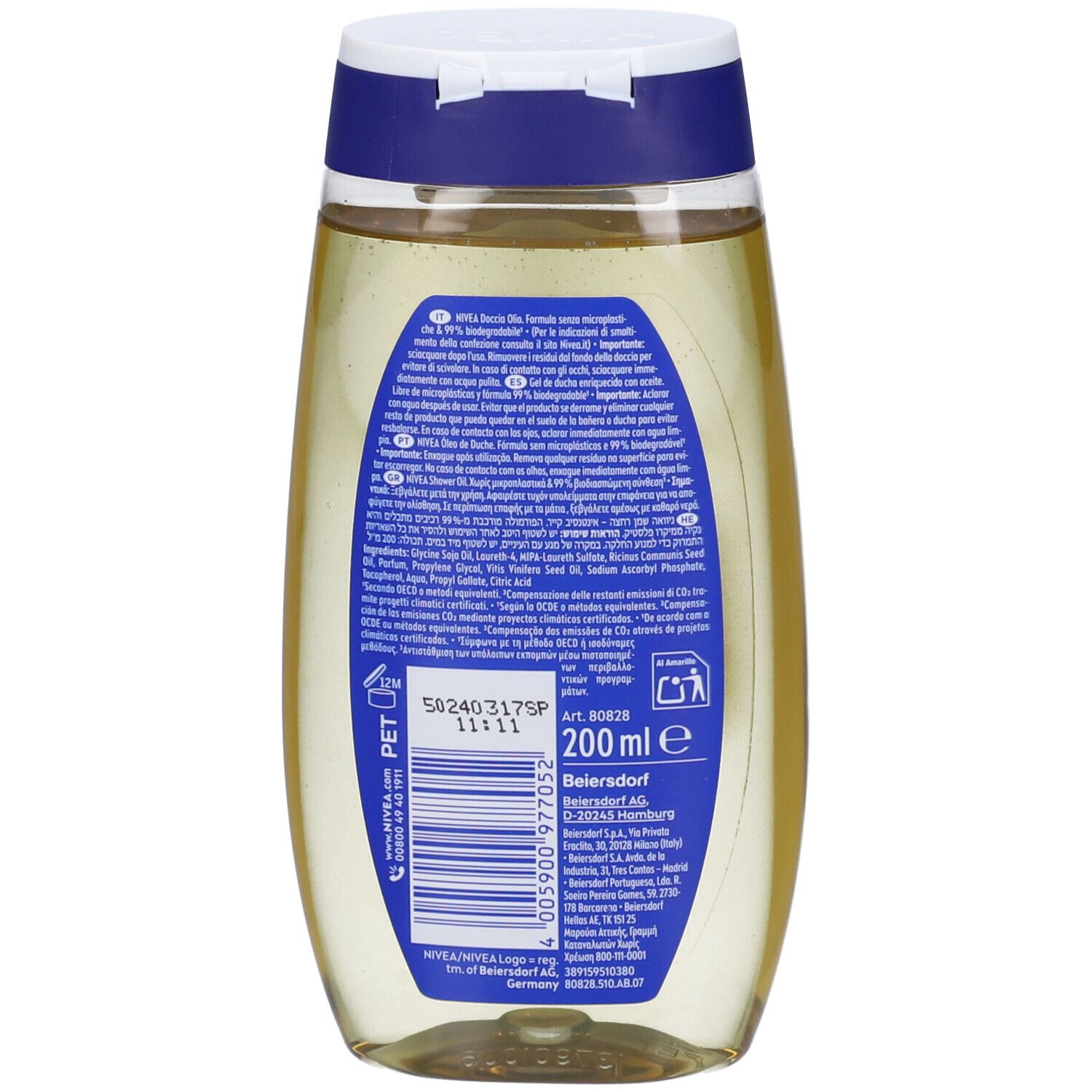 Nivea Olio Doccia Nutrimento Intenso 200 ml, Bagnoschiuma con Oli Naturali per una pelle morbida