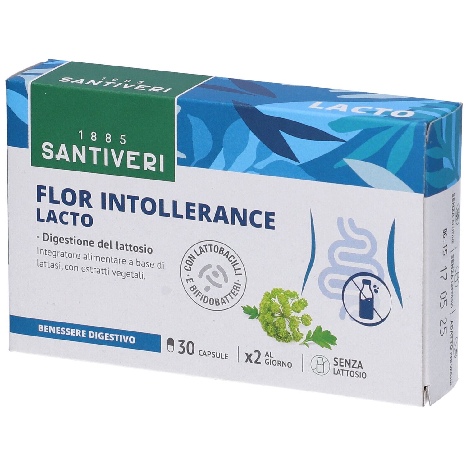 Scatola di Santiveri Flor Intollerance Lacto. Confezione blu e verde con nome e logo del prodotto. 30 capsule.