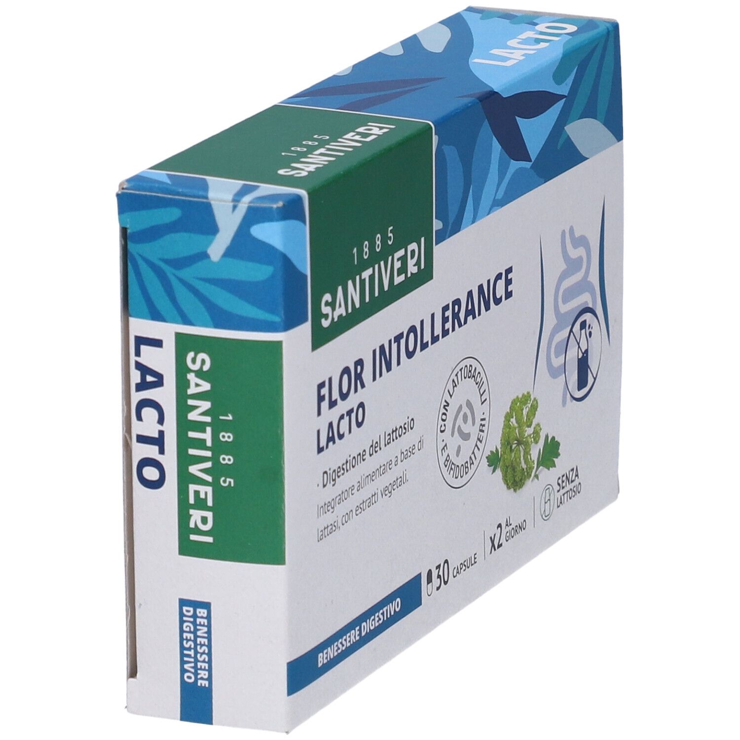 Scatola Santiveri Flor Intollerance Lacto, in diagonale. Confezione blu e verde con nome e logo. 30 capsule.