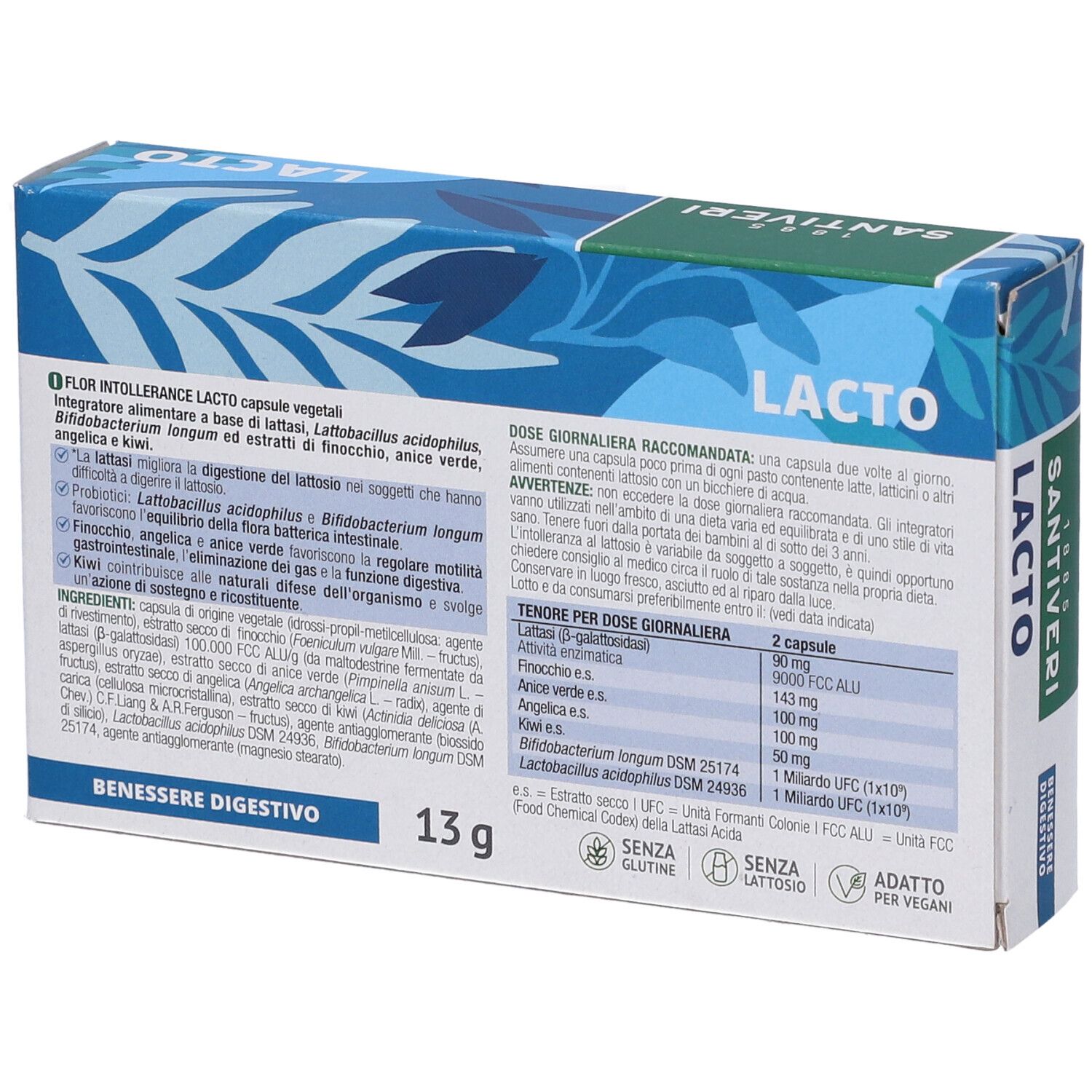 Retro della scatola Santiveri Flor Intollerance Lacto. Contiene informazioni sugli ingredienti e il dosaggio. 13g.