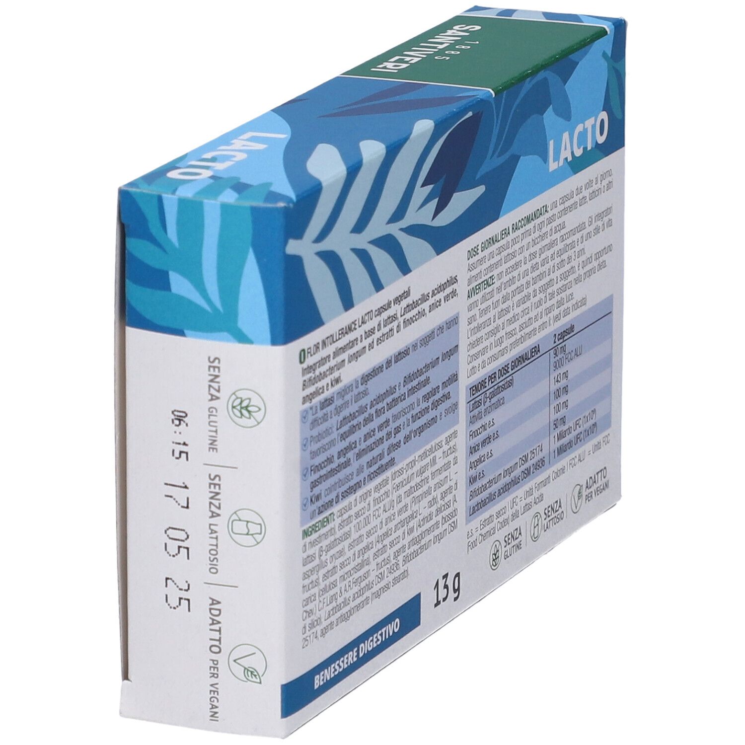 Retro della scatola Santiveri Flor Intollerance Lacto. Contiene informazioni sugli ingredienti e il dosaggio. 13g.