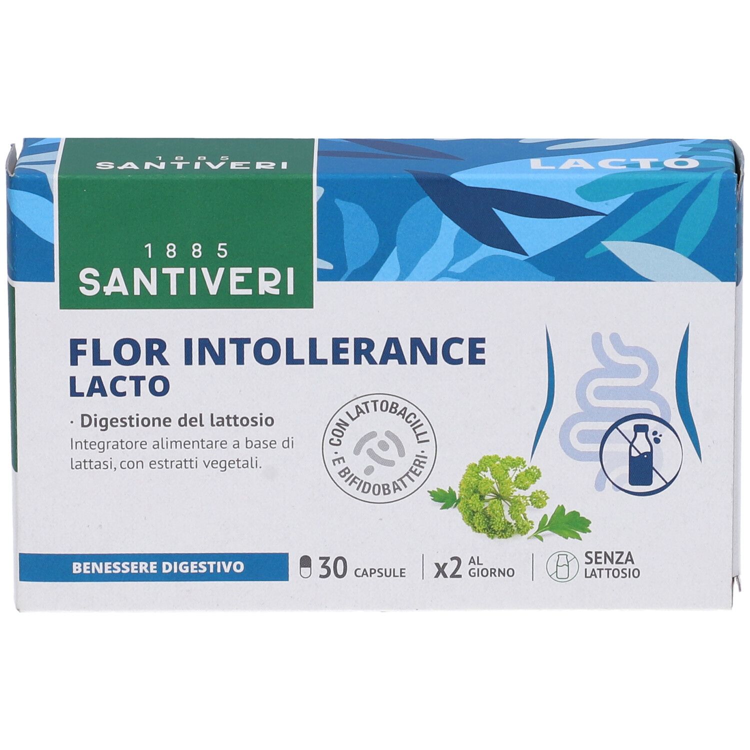 Scatola di Santiveri Flor Intollerance Lacto. Confezione blu e verde con nome e logo del prodotto. 30 capsule.