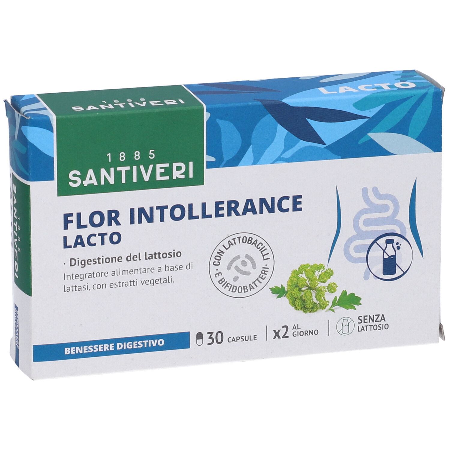 Scatola di Santiveri Flor Intollerance Lacto. Confezione blu e verde con nome e logo del prodotto. 30 capsule.
