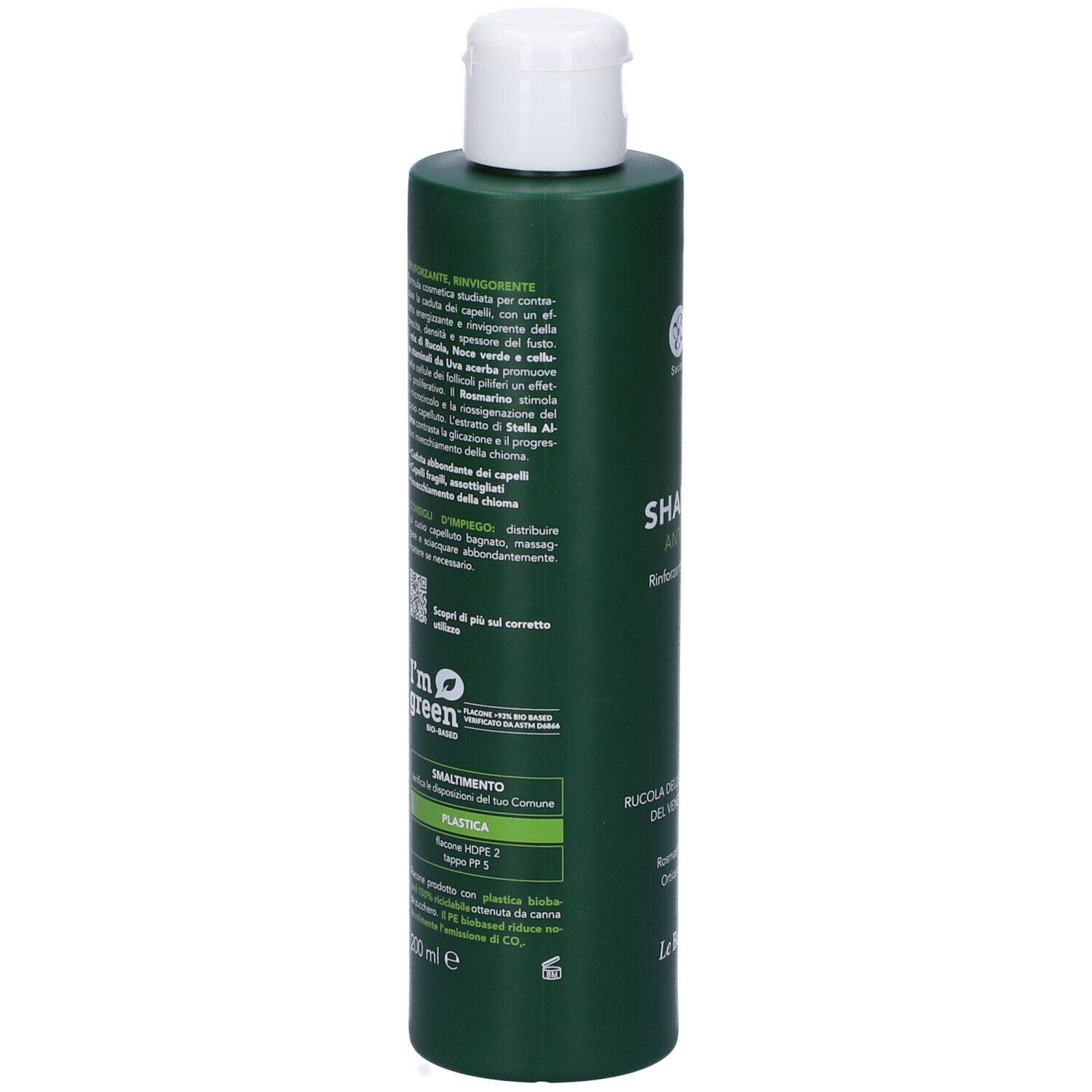Retro del flacone di shampoo verde. Testo: Informazioni sulla composizione, I'm green, Plastica, 200 ml.