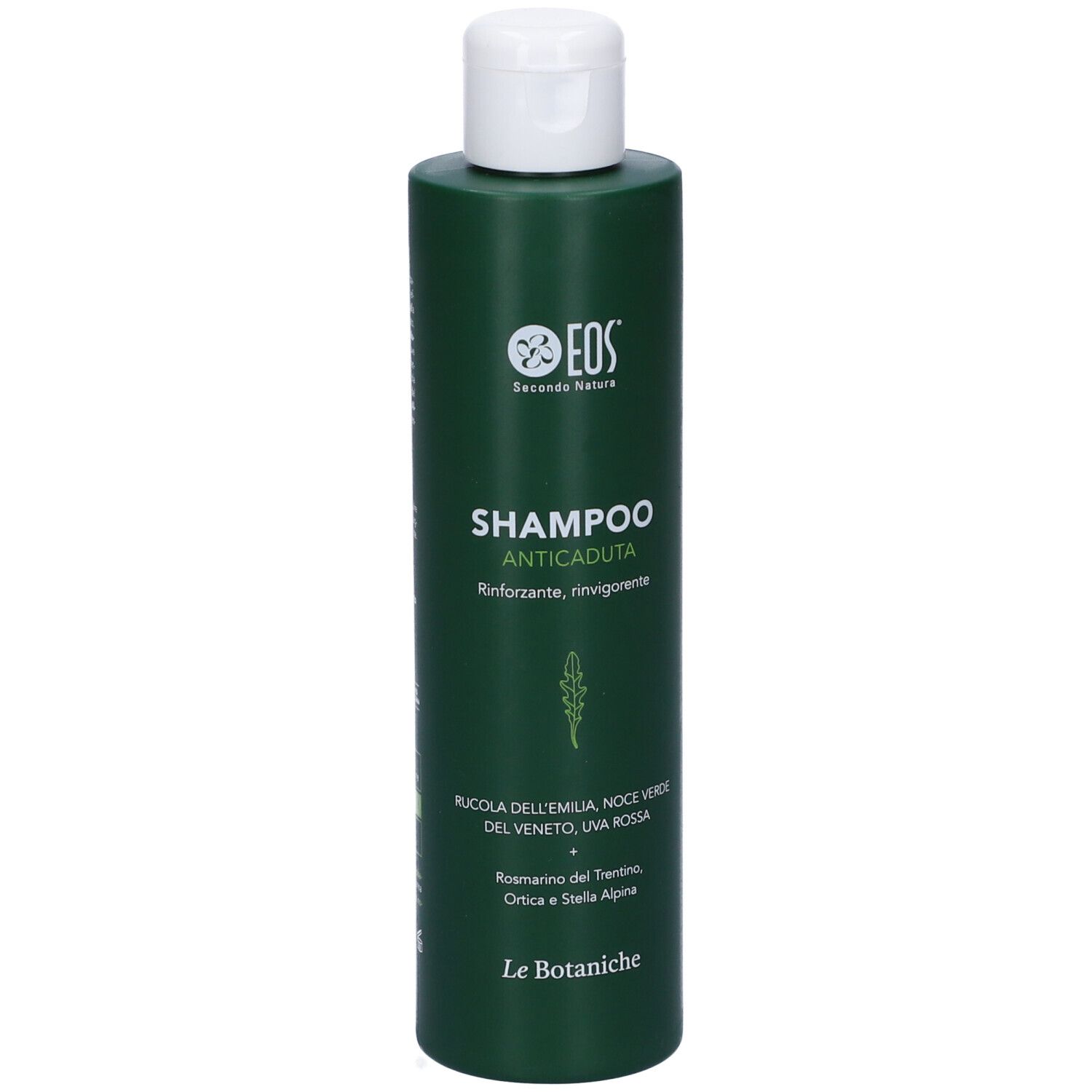 Flacone di shampoo verde con tappo bianco. Testo: SHAMPOO ANTICADUTA, EOS, Le Botaniche. Ingredienti elencati.