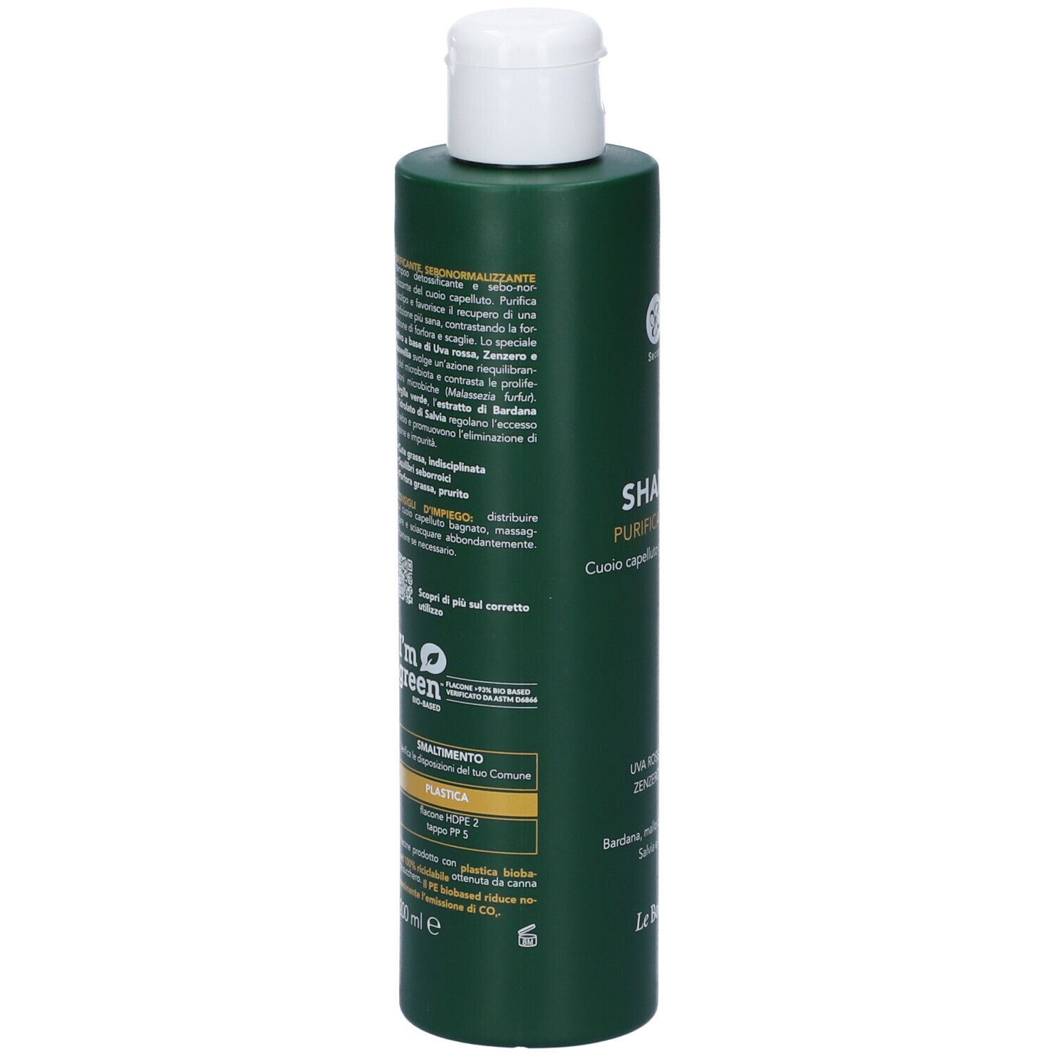 Flacone di shampoo verde con tappo bianco. Testo: Eos, Shampoo Purificante Detox, Le Botaniche. Retro con testo.