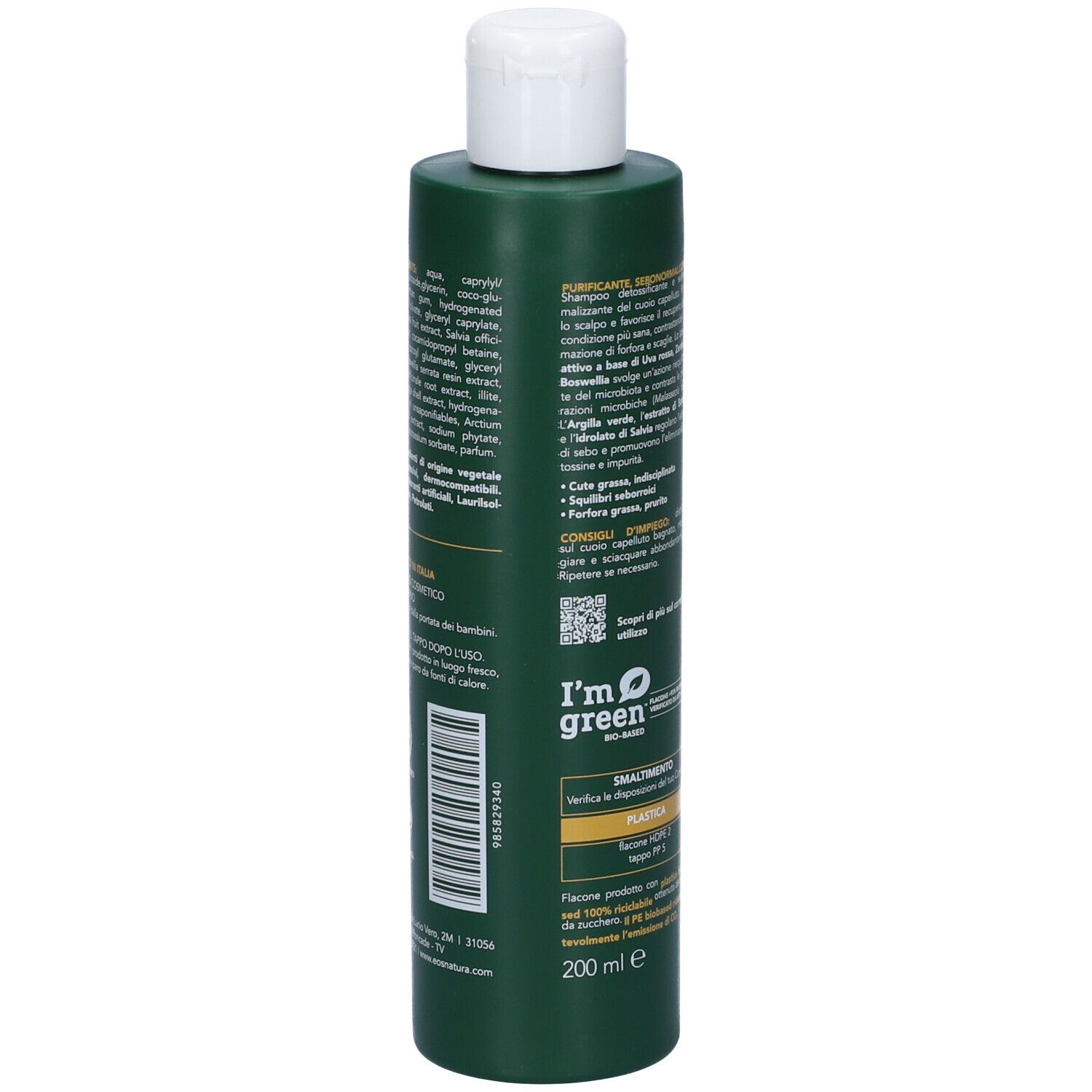 Flacone di shampoo verde con tappo bianco. Testo: Eos, Shampoo Purificante Detox, Le Botaniche. Retro con testo.
