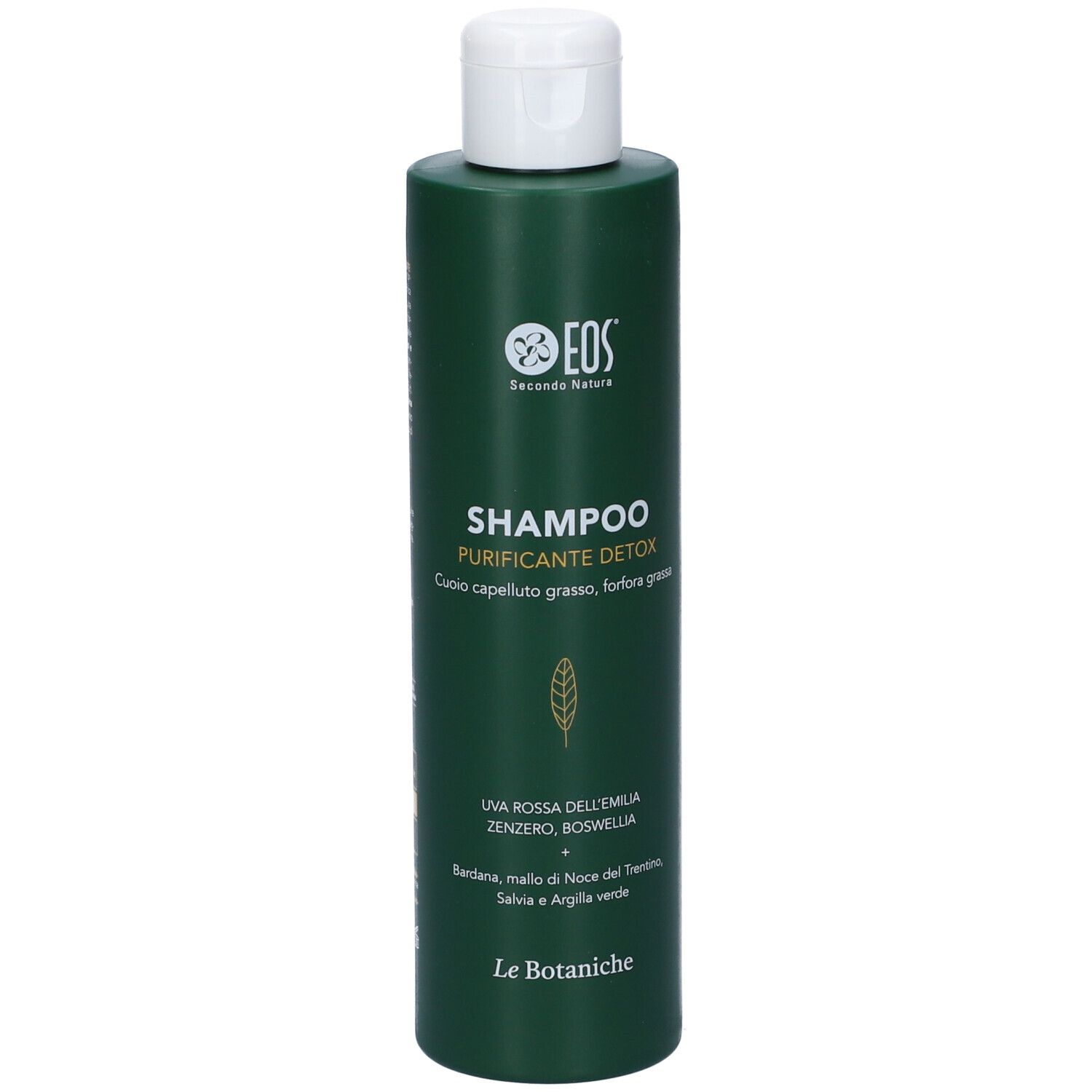 Flacone di shampoo verde con tappo bianco. Testo: Eos, Shampoo Purificante Detox, Le Botaniche. Ingredienti.