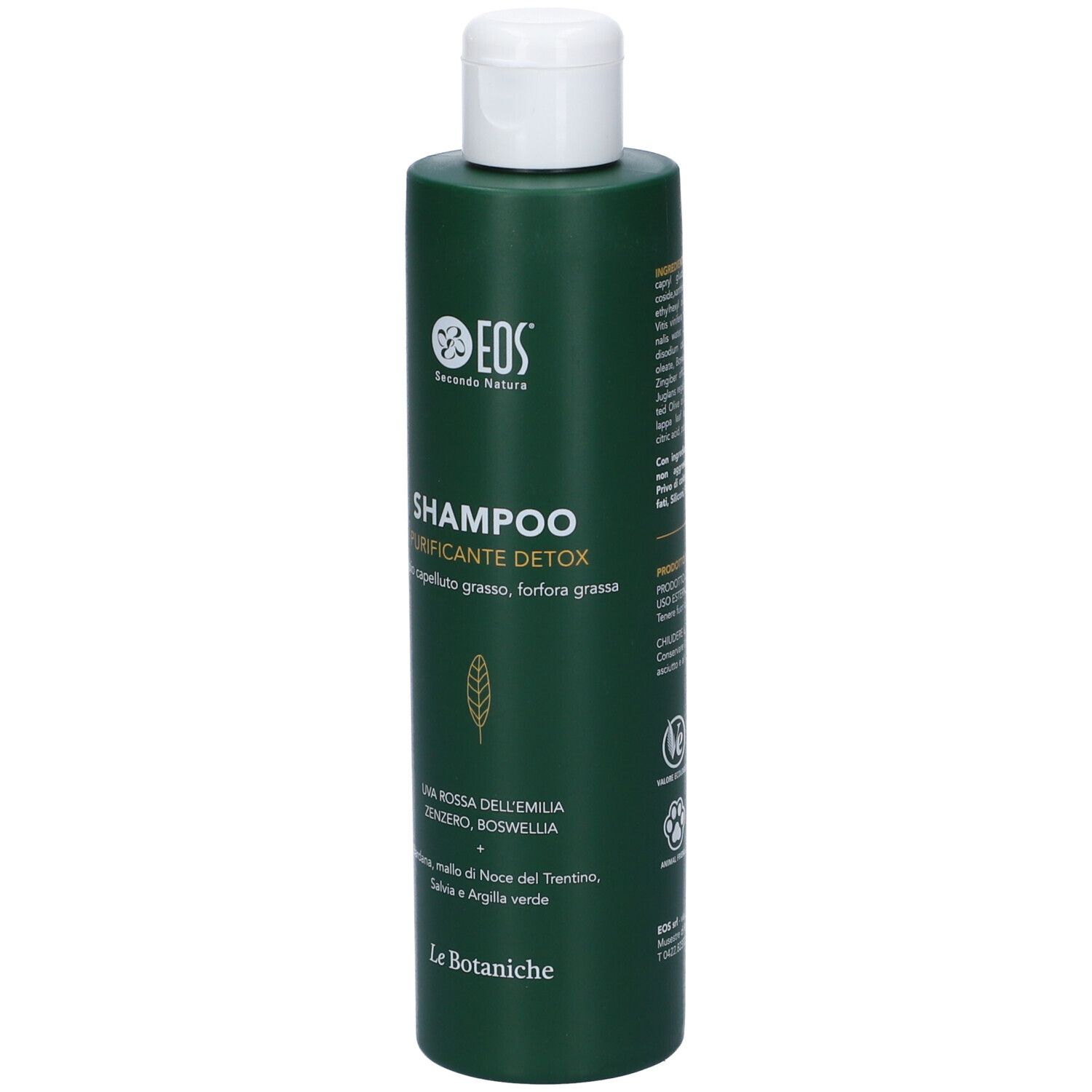 Flacone di shampoo verde con tappo bianco. Testo: Eos, Shampoo Purificante Detox, Le Botaniche. Ingredienti.