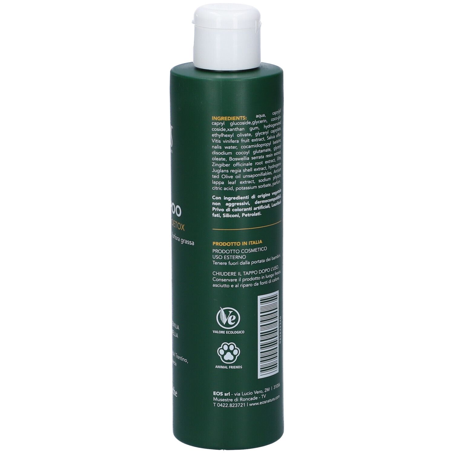 Flacone di shampoo verde con tappo bianco. Testo: Eos, Shampoo Purificante Detox, Le Botaniche. Ingredienti.