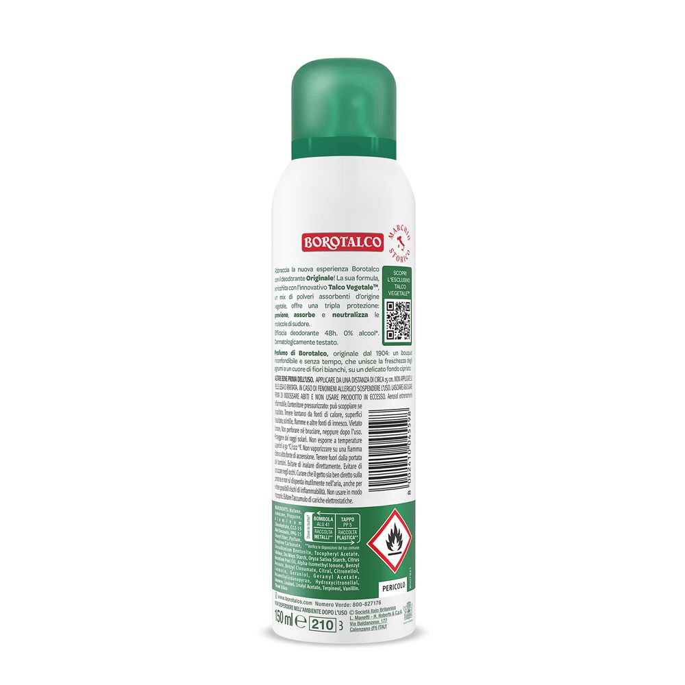 Retro del flacone Borotalco Originale Spray. Testo e loghi. Contiene informazioni sul prodotto e avvertenze.