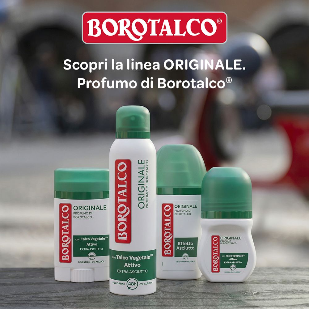 Gamma di prodotti Borotalco Originale. Deodoranti spray e stick. Scritte rosse Borotalco. Tappi e confezioni verdi.