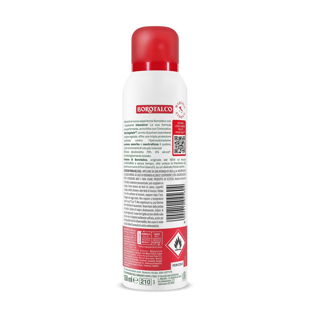 Retro dello spray deodorante. Testo in italiano. Avvertenze e ingredienti.