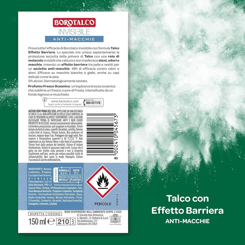 Retro dello spray Borotalco. Testo, ingredienti, avvertenze e simbolo di fiamma.