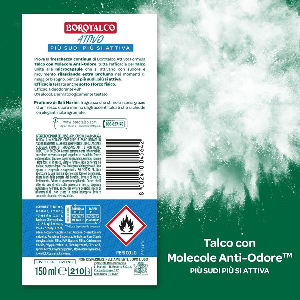 Retro del flacone di deodorante Borotalco Attivo. Testo in italiano. Simbolo di pericolo.