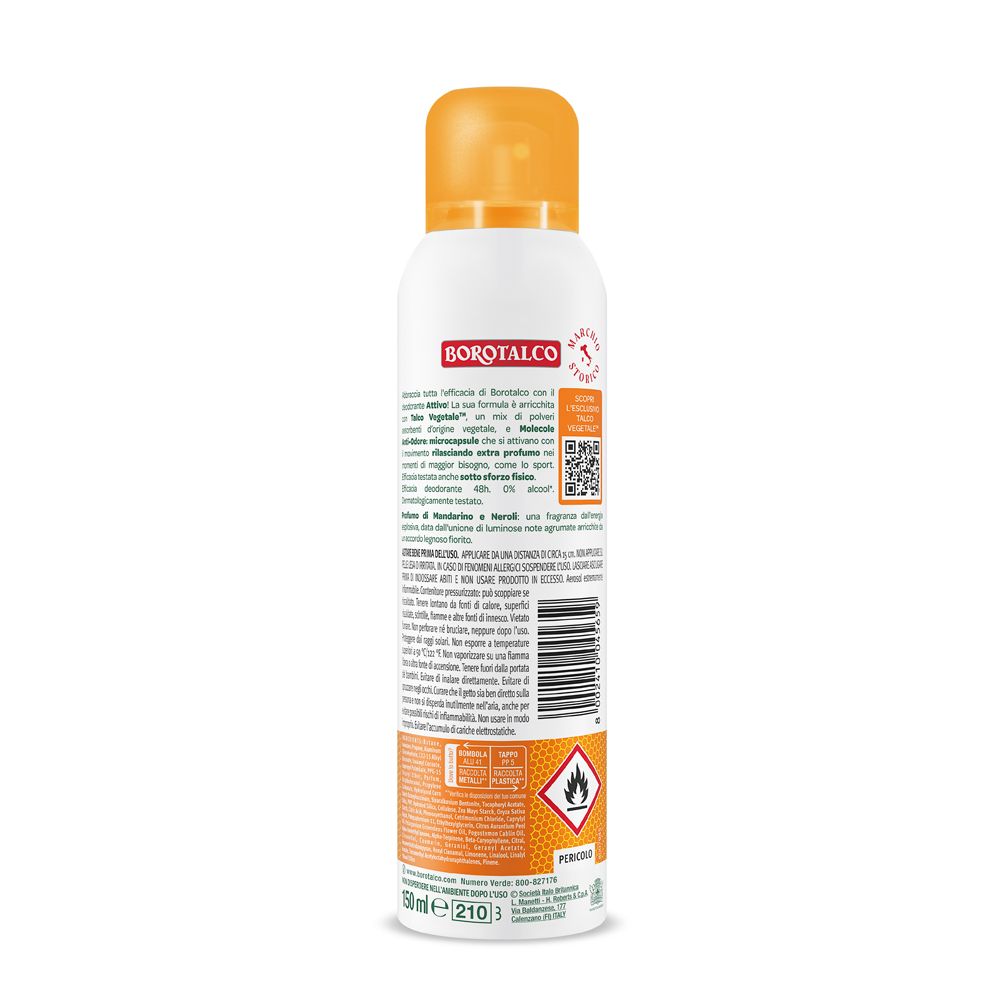 Retro del deodorante spray Borotalco Attivo. Testo e loghi. Sfondo arancione. Avvertenza.