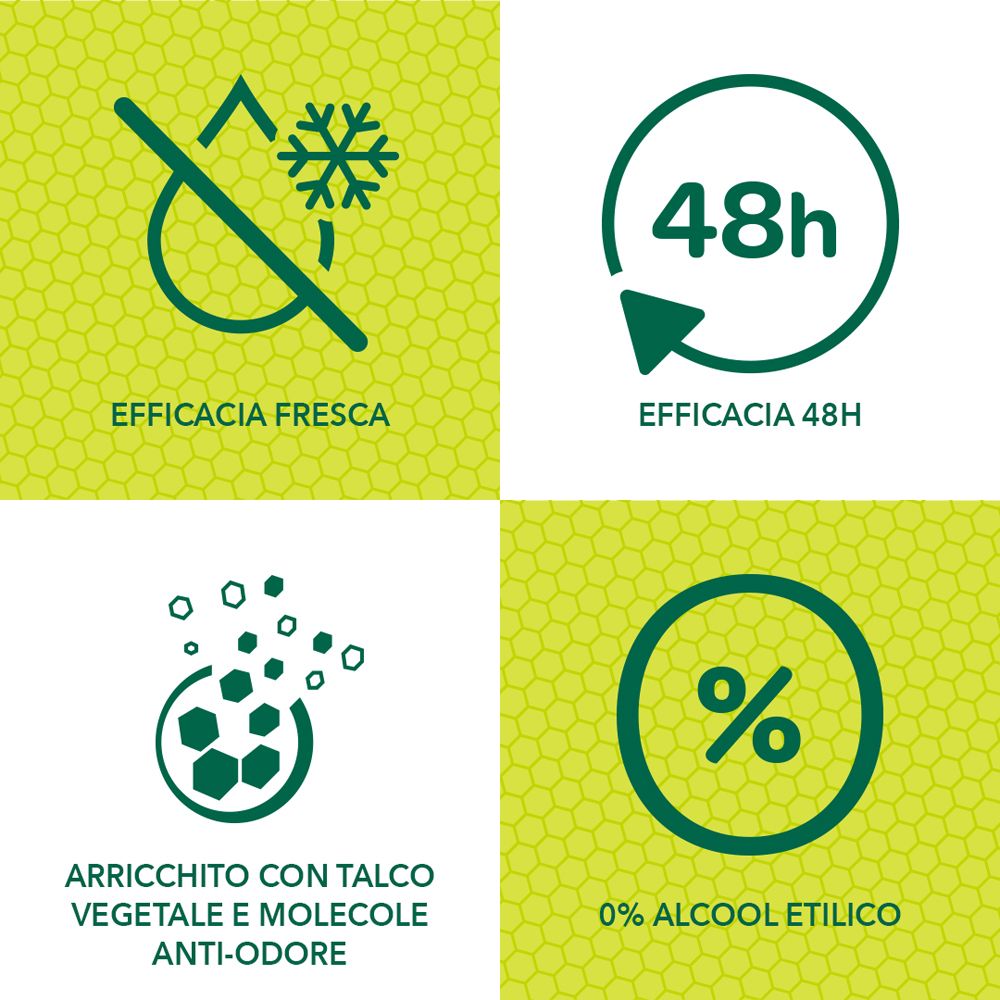 Grafici con simboli: freschezza, efficacia 48h, arricchito con talco vegetale, 0% alcool.