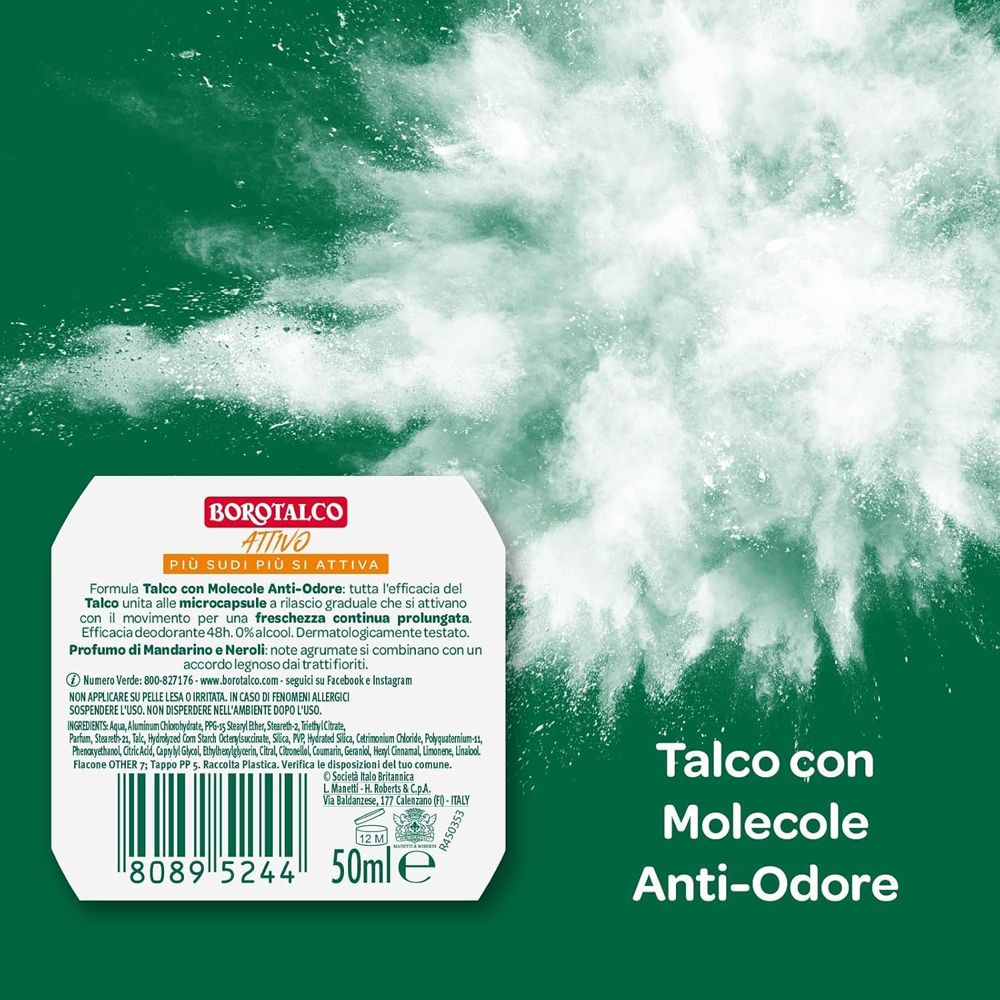 Etichetta del prodotto Borotalco Attivo con testo e logo. Talco con molecole anti-odore. Sfondo verde.