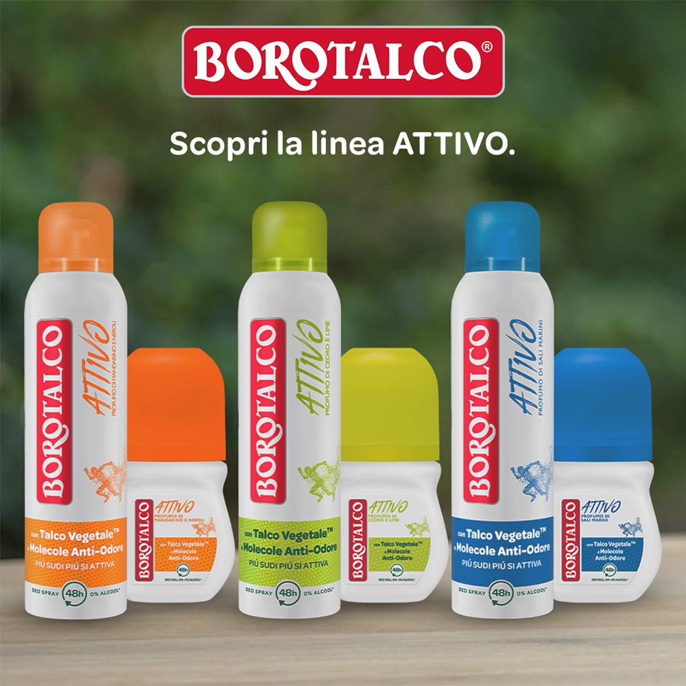 Diversi deodoranti Borotalco Attivo. Spray e roll-on. Colori: arancione, verde, blu. Logo Borotalco.