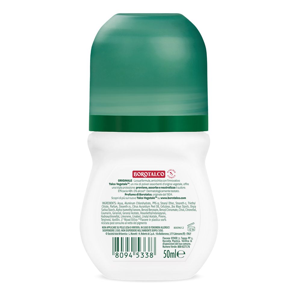 Retro del deodorante roll-on bianco con tappo verde. Testo e codice a barre.