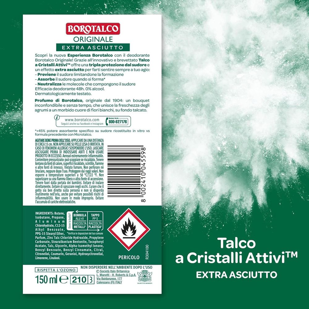 Retro del deodorante con testo e ingredienti. Simbolo di pericolo e testo: Talco a Cristalli Attivi Extra Asciutto.