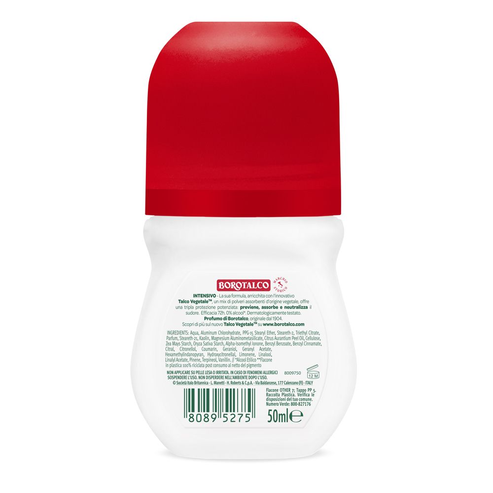 Retro del deodorante roll-on bianco con tappo rosso. Testo e ingredienti. Logo Borotalco. 50ml.