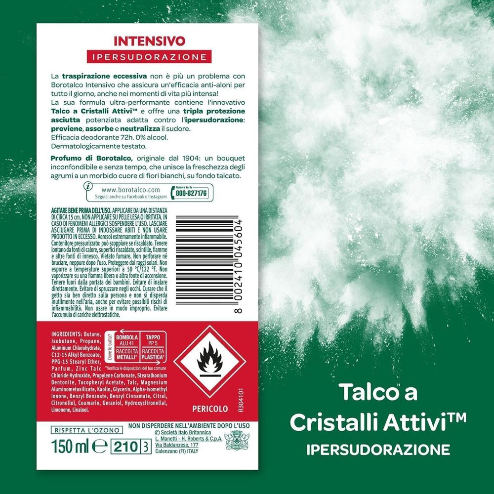 Testo su sfondo verde. Informazioni sul prodotto, ingredienti, avvertenza. Logo Borotalco.