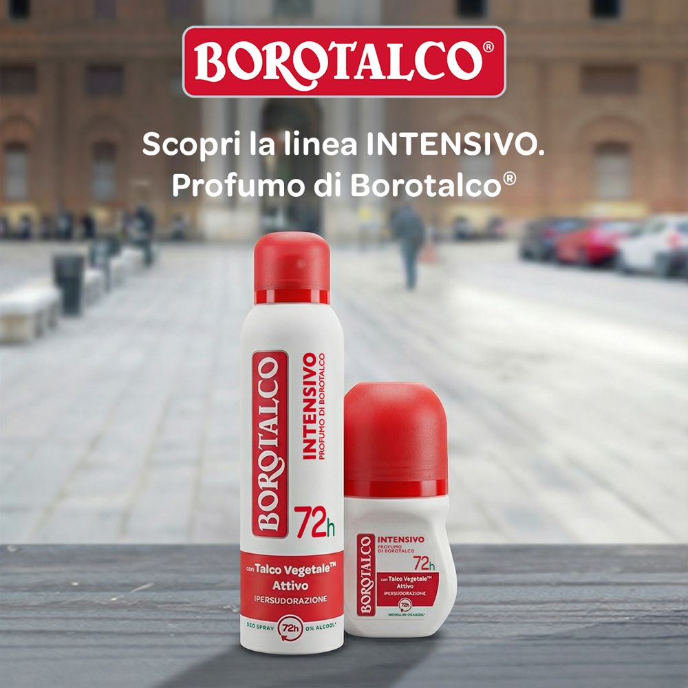 Due deodoranti, roll-on e spray, su sfondo. Logo Borotalco. Testo: Intensivo, 72h.