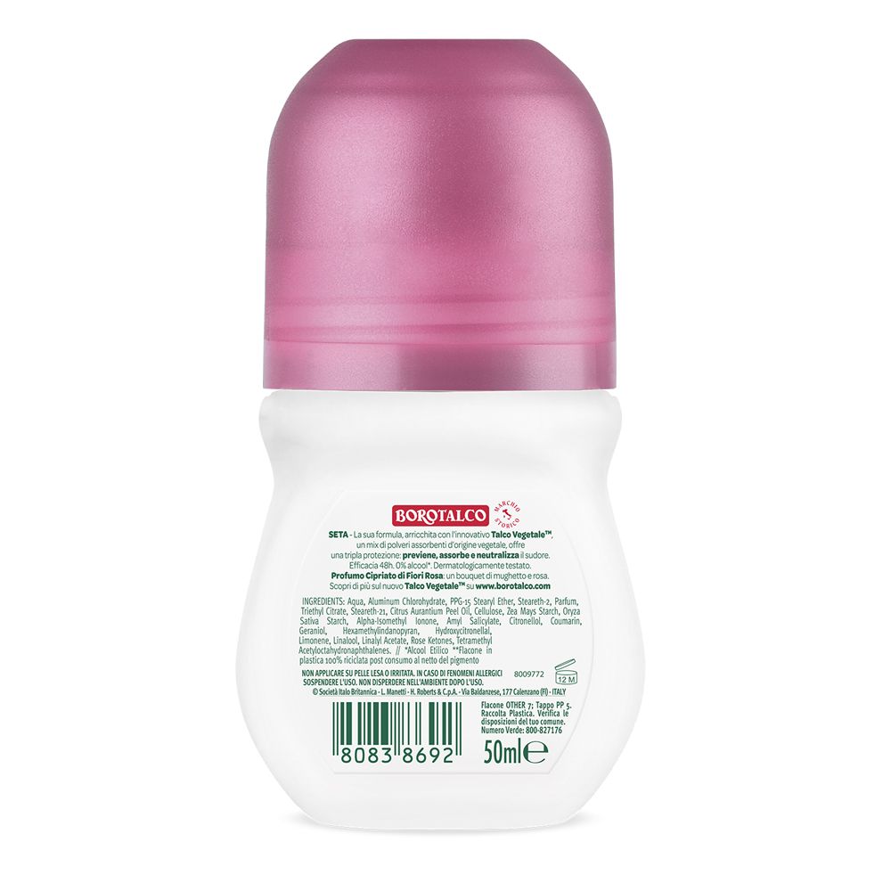 Retro del roll-on. Contiene ingredienti e informazioni. Scritte: Borotalco, Seta, Talco Vegetale. 50ml.