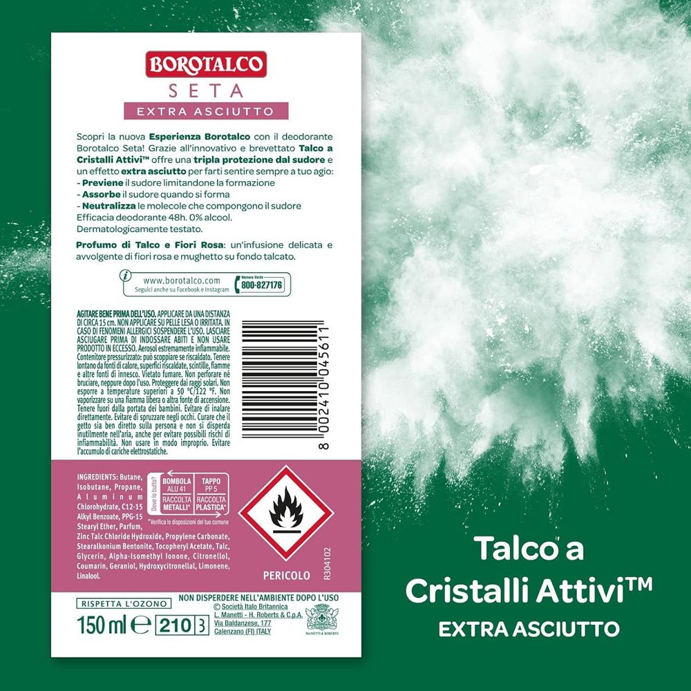 Retro della confezione. Testo su Borotalco Seta Extra Asciutto. Ingredienti, simbolo di pericolo, 150ml.