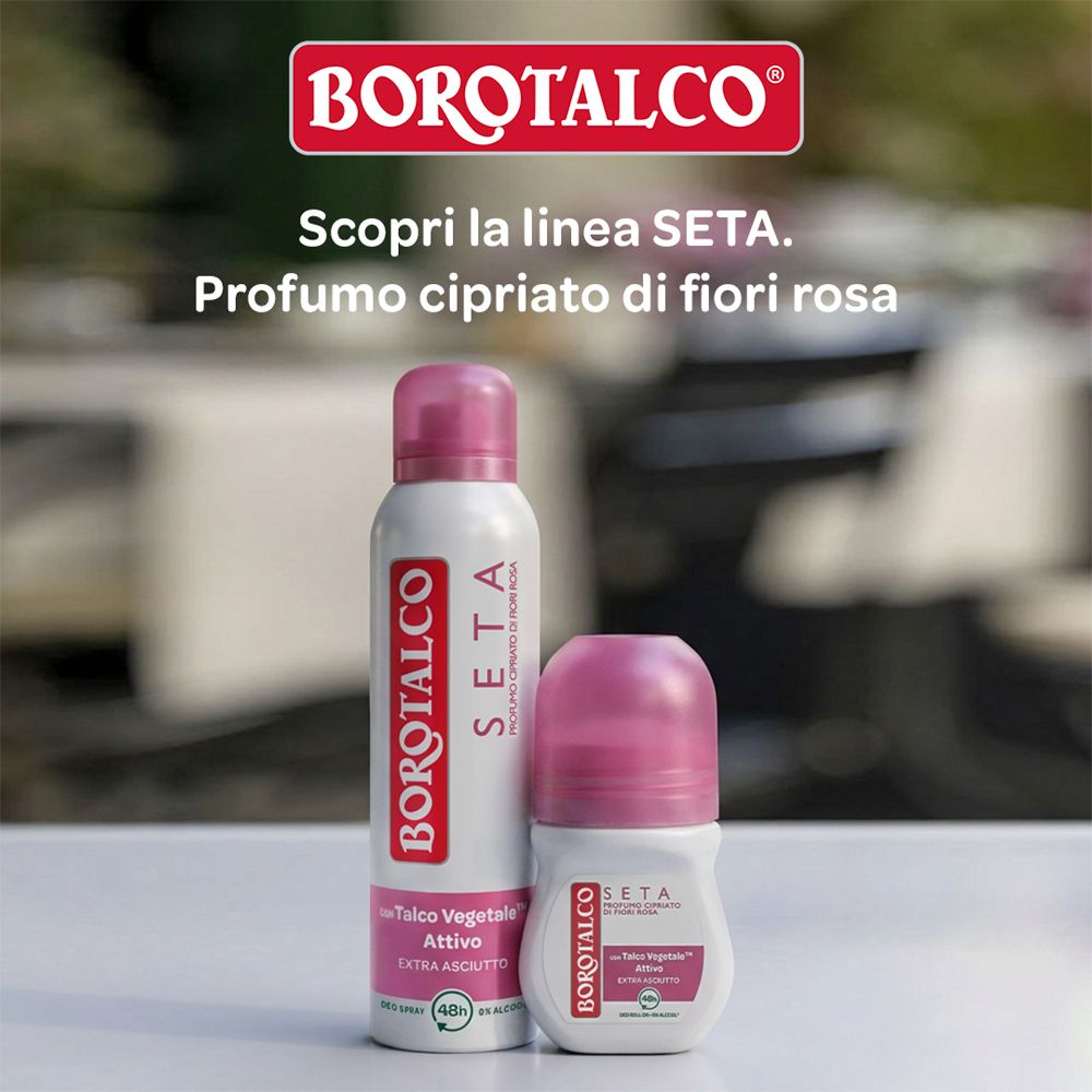 Due prodotti Borotalco Seta. Spray e roll-on. Scritte: Seta, Talco Vegetale, Extra Asciutto.