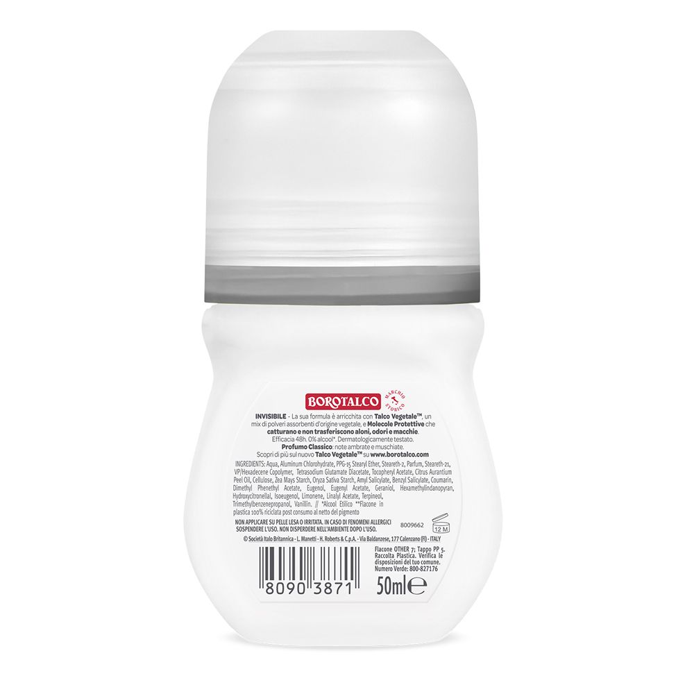 Retro del deodorante roll-on bianco Borotalco. Contiene testo e codice a barre. 50 ml. Con tappo bianco e logo rosso.