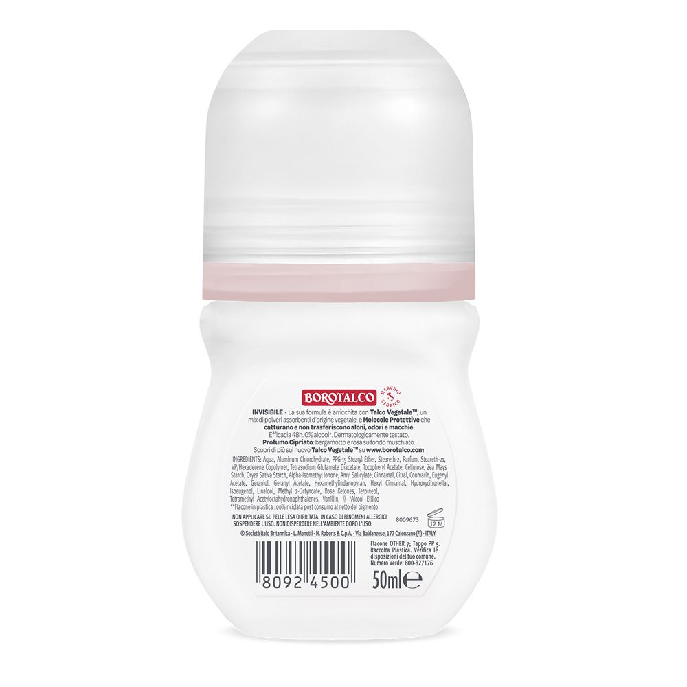 Retro del deodorante roll-on bianco. Contiene testo e codice a barre. Scritta: Borotalco, 50ml.