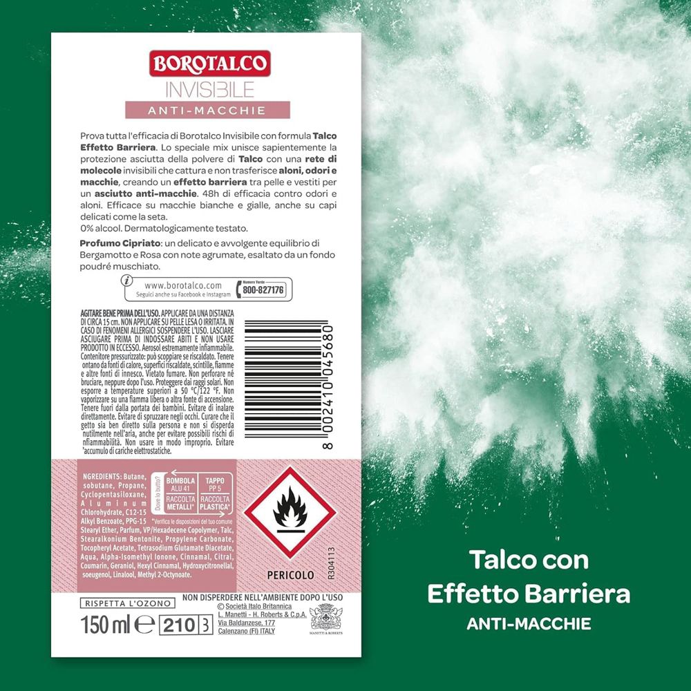 Retro della confezione. Testo sulle proprietà e ingredienti. Avvertenza e simbolo di fiamma.