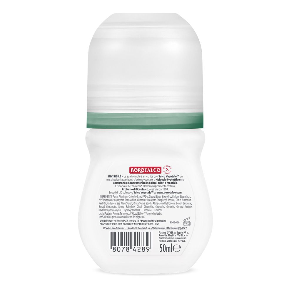 Retro del deodorante roll-on bianco. Scritte: Borotalco, Invisible, Talco Vegetale, Molecole Protettive. Ingredienti e codice a barre.