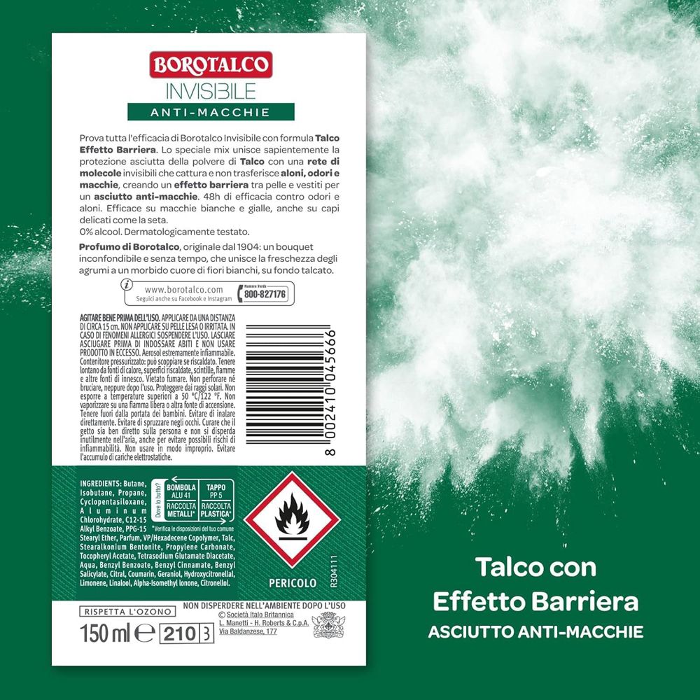 Retro della confezione con testo. Scritte: Talco con Effetto Barriera, Asciutto Anti-Macchie. Sfondo verde.