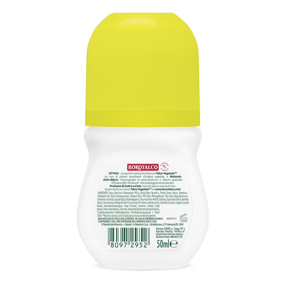 Retro del roll-on. Testo: Borotalco, ingredienti, codice a barre, 50ml. Tappo giallo.