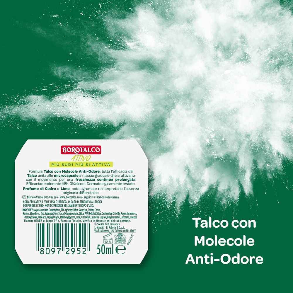 Etichetta con testo su sfondo verde. Testo: Borotalco, Talco con Molecole Anti-Odore, 50ml.