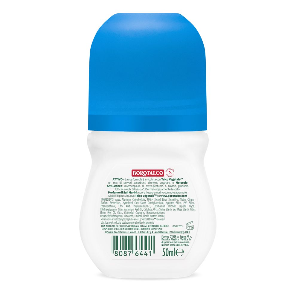 Retro del deodorante roll-on bianco con tappo blu. Contiene informazioni sul prodotto e ingredienti. 50ml.