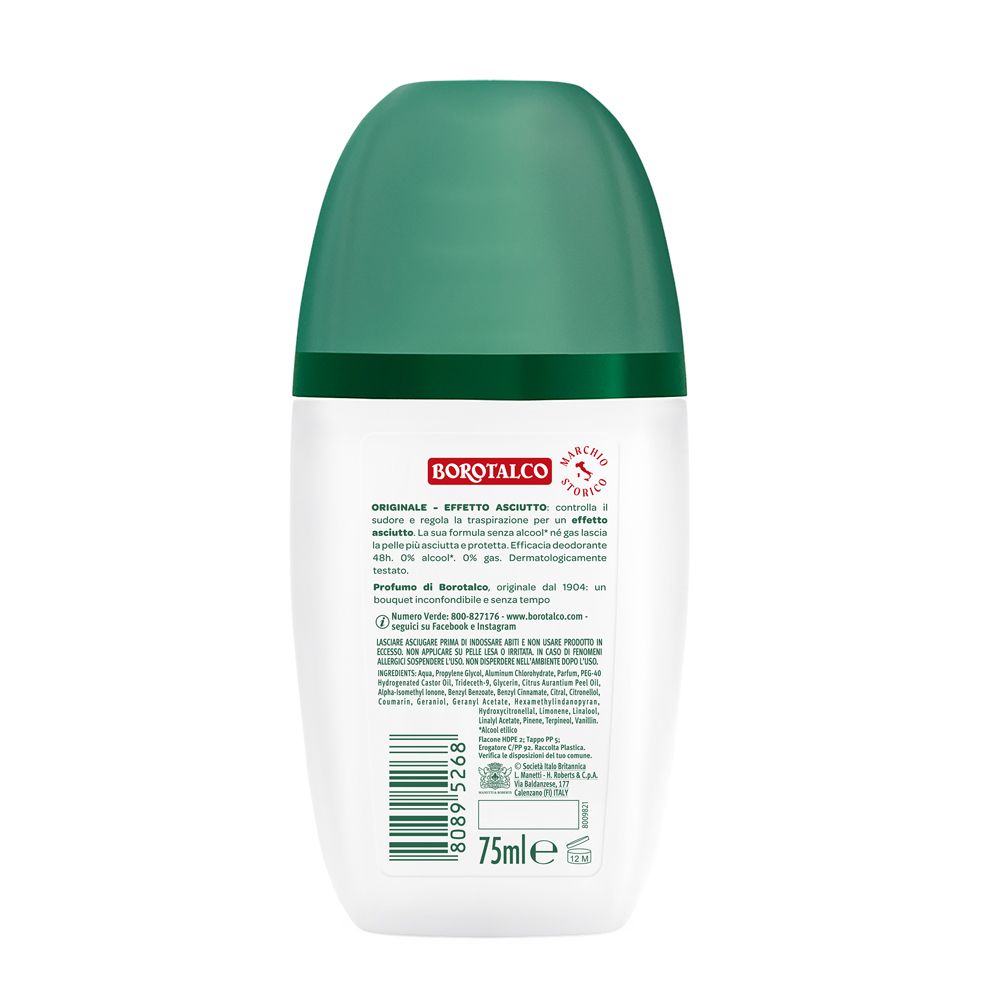 Retro del roll-on. Testo e codice a barre. Logo Borotalco. Testo: Originale, Effetto Asciutto, 75ml.