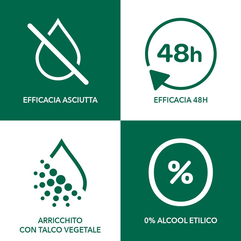 Quattro simboli su sfondo verde. Efficacia asciutta, 48h, arricchito con talco vegetale, 0% alcool etilico.