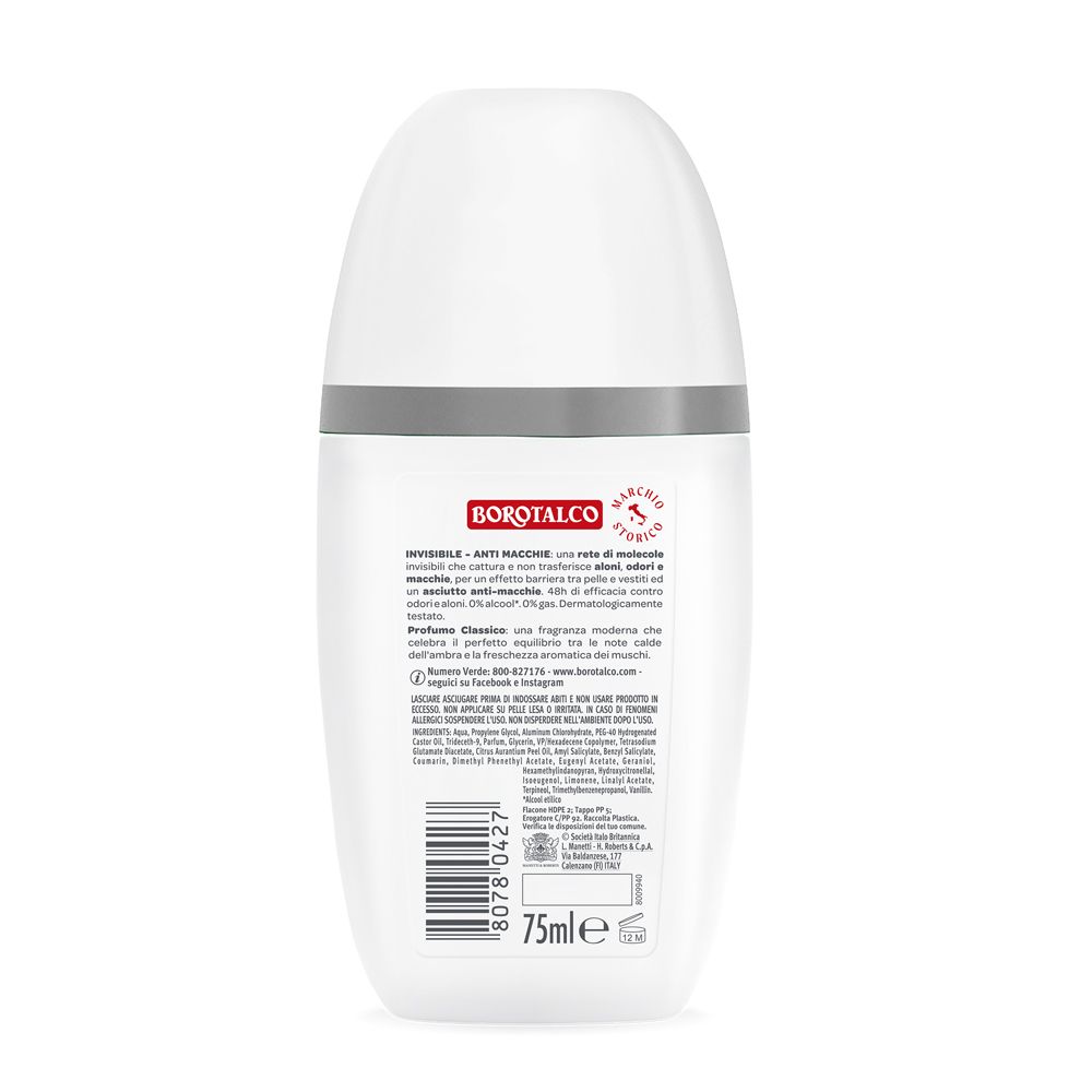 Retro del roll-on deodorante bianco. Testo e codice a barre. Logo Borotalco. Testo: Invisibile, 75ml.