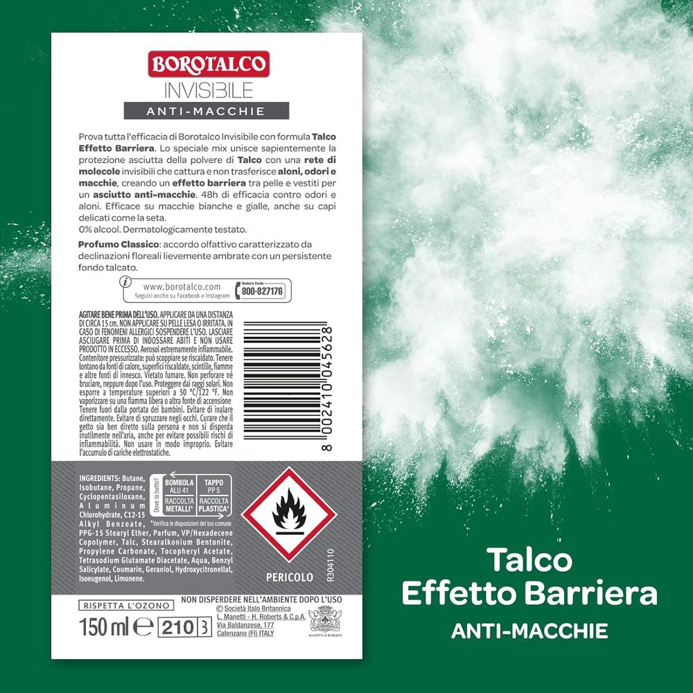 Retro della confezione. Testo sul prodotto, ingredienti e avvertenze. Logo Borotalco. Testo: Talco Effetto Barriera.