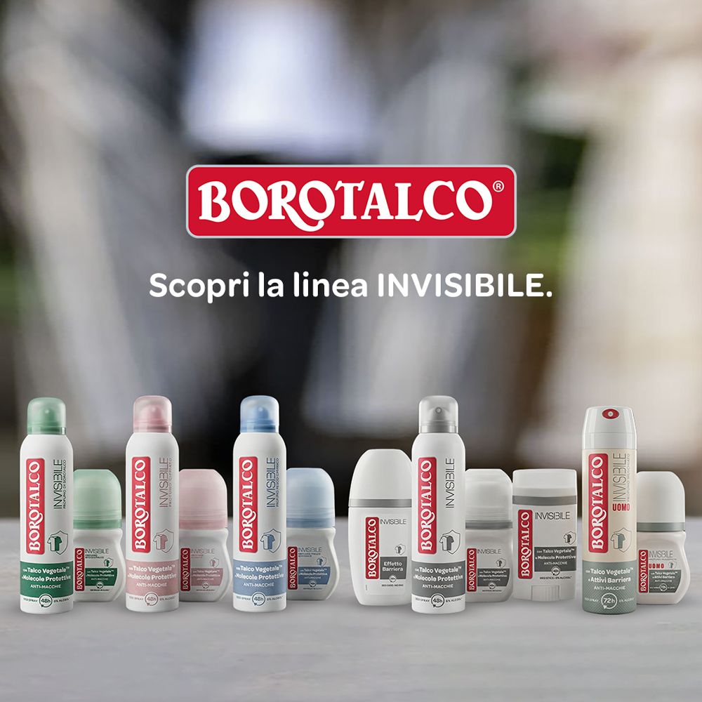 Vari prodotti Borotalco. Logo Borotalco. Testo: Scopri la linea INVISIBILE.