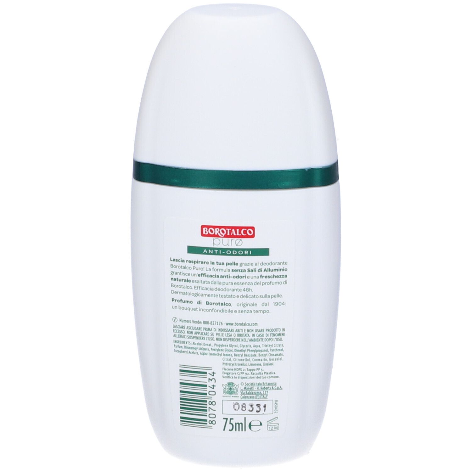 Retro del deodorante roll-on bianco. Testo: Borotalco, Puro, Anti Odori. Codice a barre e informazioni testuali.